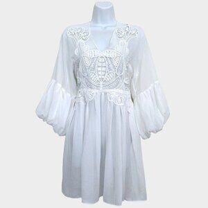 RAISSA Sheer Embroidered Lace Puff Sleeve Mini Dress Coverup White Sz XS-S NWT